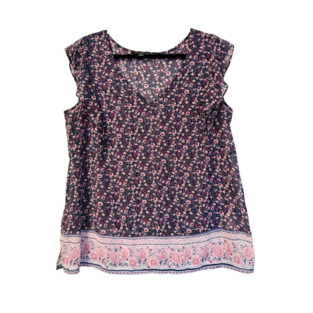 Banana Republic Floral Chiffon Blouse V-Neck Border Print Cap Sleeve Womens Sz M